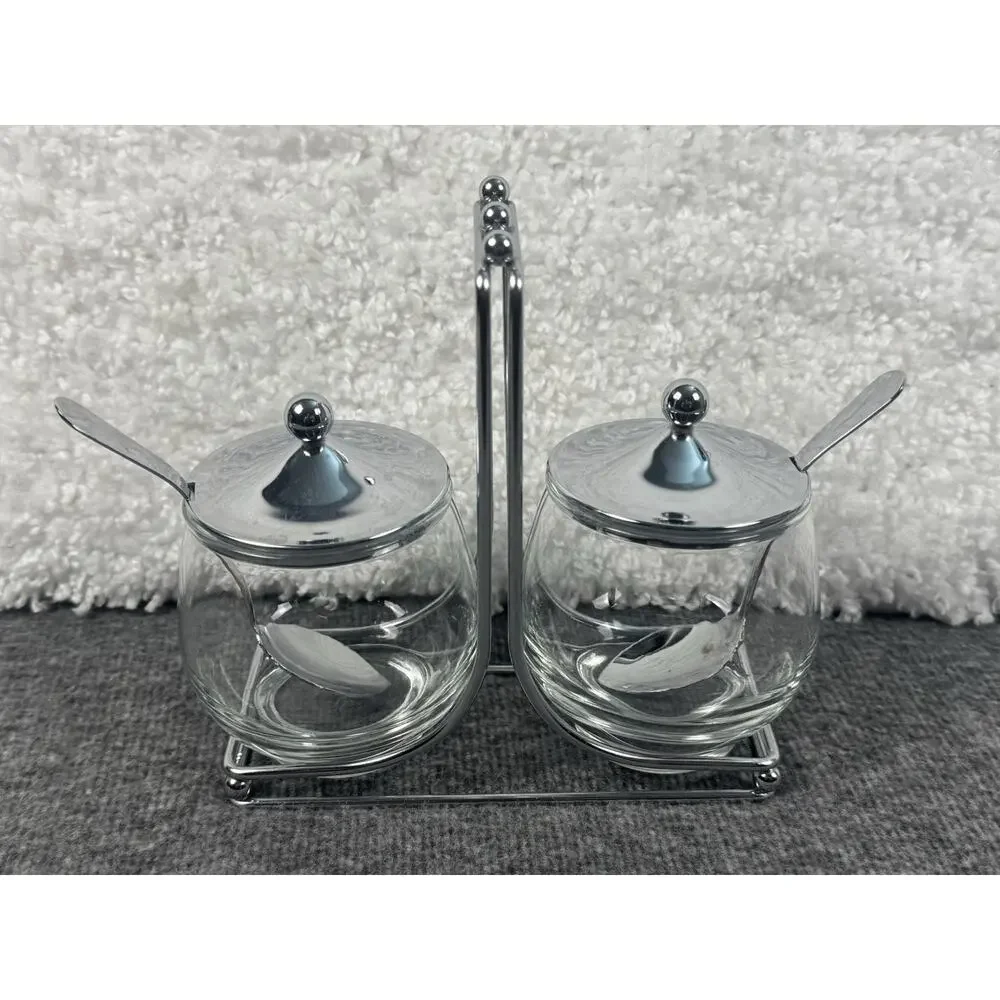 Chrome & Glass Jam/Condiment Caddy Carrier Server Mid Century Serving Set - READ